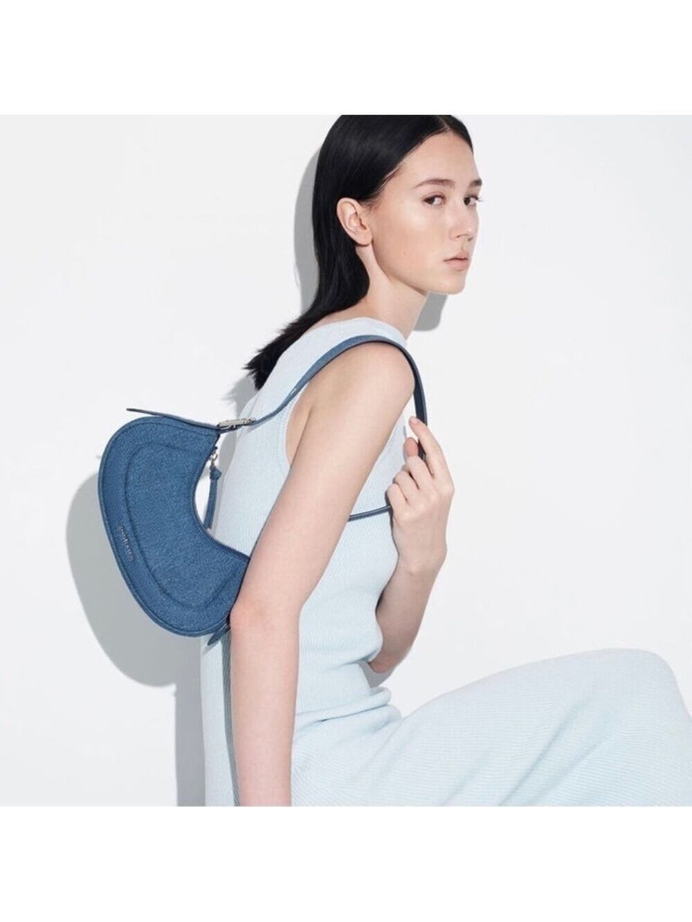 Charles Keith Petra Y2K Denim Curved Shoulder Bag Denim Blue